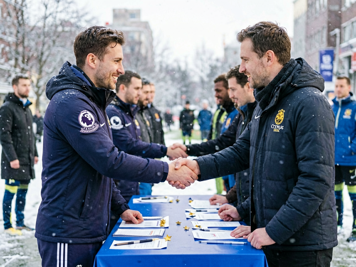 五大联赛冬季转会窗球员签约场景，俱乐部与球员握手达成协议